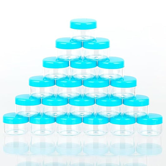 ZEJIA 5 Gram Sample Containers with Lids, Mini Makeup Containers, Empty Plastic Travel Cosmetic Containers with Labels(25 Count, Blue Lid)