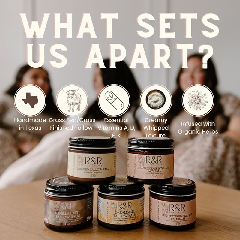 R&R Collective Whipped Tallow Balm (Dreamsicle) - 100% Grass Fed Beef Tallow for Skin Care- 100% Natural Handmade Whipped Orange & Vanilla Tallow Balm for Sensitive Skin- 2 FL. oz.