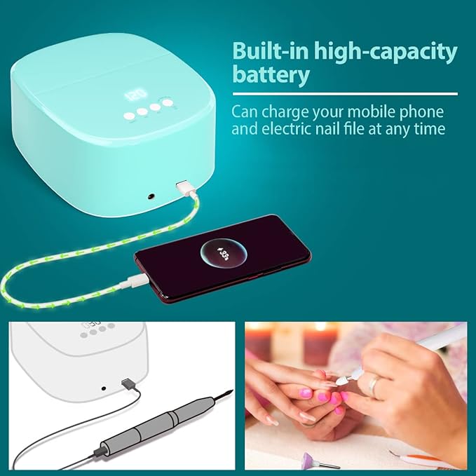 BETE Cordless LED Nail Lamp, 60W Rechargeable Dryer for Curing Polish, USB Port for Charging Phone and Drill, Portable Professional Blue