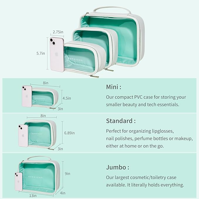 ROWNYEON 3-Piece Premium Cosmetic Organizer Set - Clear PVC & Faux Leather Storage Bags with Jewel-Tone Blue Lining, Waterproof Travel Toiletry Cases for Home/Carry-On (Jumbo/Medium/Mini)