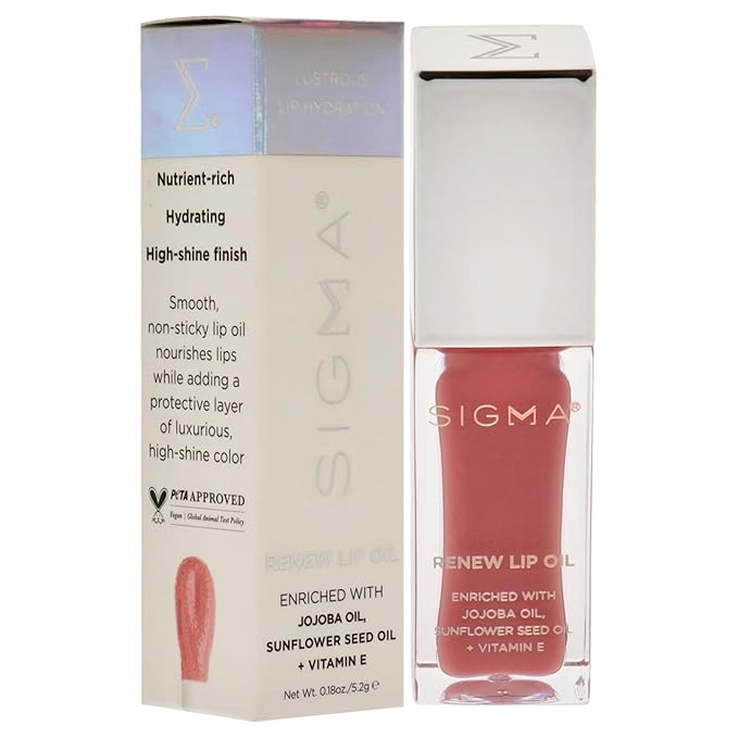 Sigma Beauty Renew Lip Oil – Tinted Lip Oil with Luxurious High-Shine Color and Long Lasting Hydration for Soft, Supple Lips, Non Sticky Lip Oil w/Nourishing Antioxidants (Tranquil, Fresh Pink Sheen)