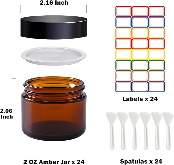 2 oz Amber Glass Jars with Lids,24 Pack 2oz Small Glass Jars with Inner Liners,2 Ounce Travel Jar for Cosmetics Container,Cream Lotion,Body Scrub