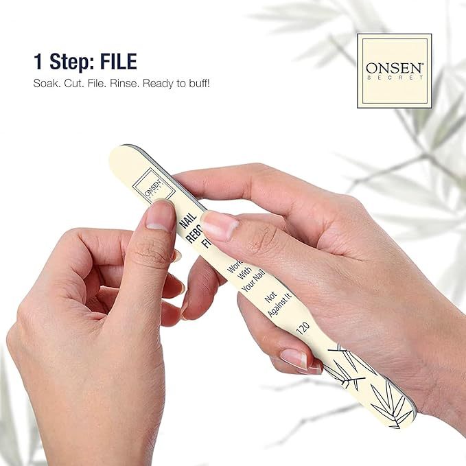 Onsen Secret Complete Nail Reboot Kit w/Nail Reboot Oil 10ml, Nail File 120/180 Grit Double Sided, A 3-Way Nail Buffer Block & Cuticle Serum-15ml w/Cuticle Oil in Action-Super Value Pack