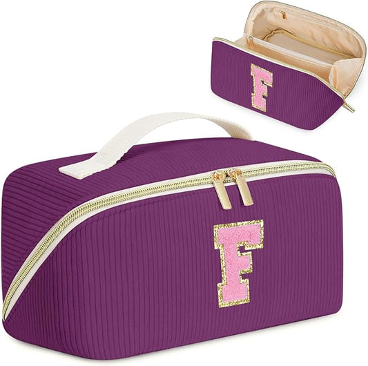 Gifts for Girls, Initial Travel Makeup Bag Women's Day Gift Make up Bag Cosmetic Bags Monther's Day Gifts, Personalized Stuff Bag Cute Makeup Bag Birthday Gifts for Women/Friend/Mother Deep Purple - F