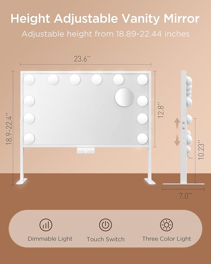 BESTOPE PRO Vanity Mirror with Lights, 23.6'' x 22.4'' Height Adjustable Makeup Hollywood Mirror with 3 Color Modes, 10X Magnification and 2 Storage Boxes, USB Charging Port, Phone Holder, Women Gifts