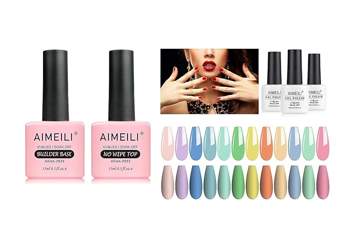 AIMEILI Summer Color Bright Pink Pastel Gel Nail Polish Color, Builder Base and No Wipe Top Coat Set