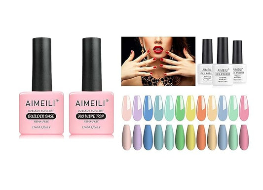 AIMEILI Summer Color Bright Pink Pastel Gel Nail Polish Color, Builder Base and No Wipe Top Coat Set