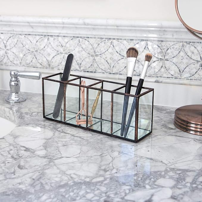Isaac Jacobs 4-Compartment Organizer- Makeup Brush Holder- Vintage Style Brass and Glass Storage Solution with Mirror Base- Office, Bathroom, Kitchen Supplies and More (Antique Bronze)