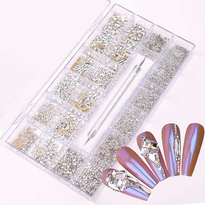 3100Pcs Nail Crystal Rhinestones Kit, Mix Shapes AB Glass, 3D Diamonds Flatback Crystals, with a Drill Pen, Nail Crystal Non Hotfix, Nail Art Decoration(White Rhinestone)