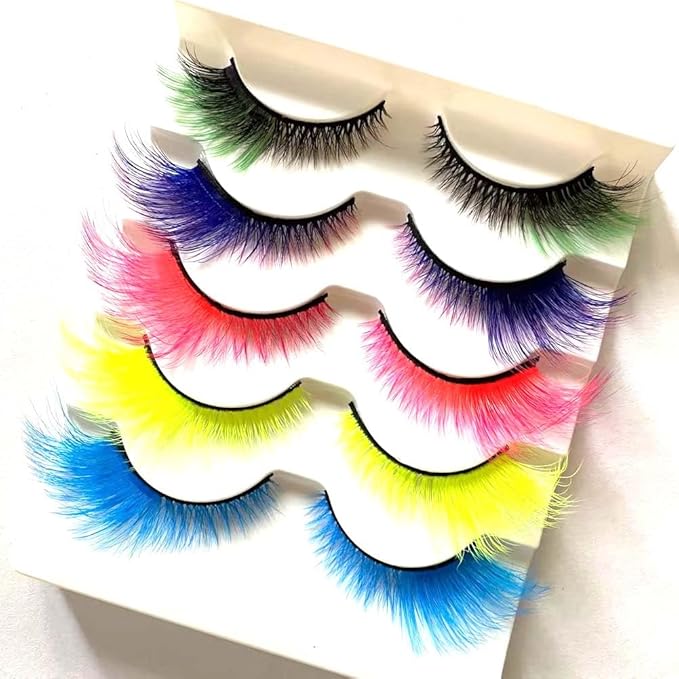Sunniess Ombre Colored Lashes Silk Protein Fluffy Wispy Volume Fake Lashes for Halloweens Cosplay Party Stage Russian D Curl Lashes with Color Make up Faux Mink False Eyelashes 5 Pairs
