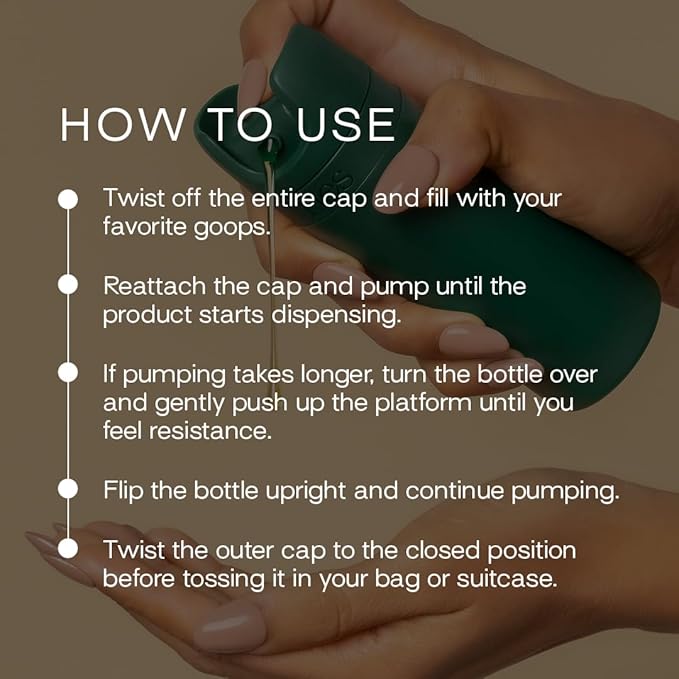 Essential Refillable Toiletry Travel Bottles – Set of 5 (3.4oz & 1.7oz) Airless Pump Containers for Shampoo, Conditioner, Body, Face – Leak-Proof, TSA-Approved, Dishwasher Safe- Escapade Green