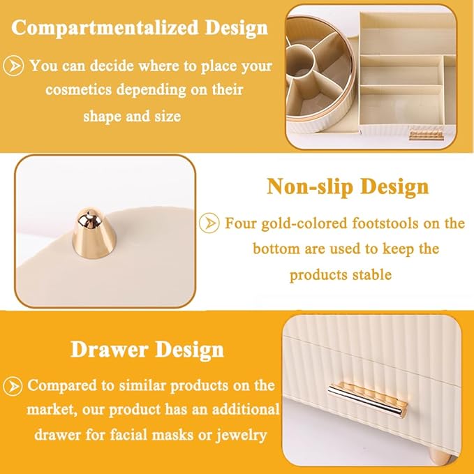 Makeup Organizer Countertop with Drawer 360 Rotating Brush Holder Storage Large Capacity Skincare Cosmetic Display Cases for Vanity Bathroom Desktop, Model 3016 Cream