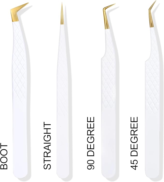 Fiber Tip Lash Tweezers For Eyelash Extension 4 Pcs Tweezers Professional Artist Tech Work Kit Tools,Best Volume Eyelash Lashes Extensions Precision Supplies Volume Boot 90 45 Degree(White)