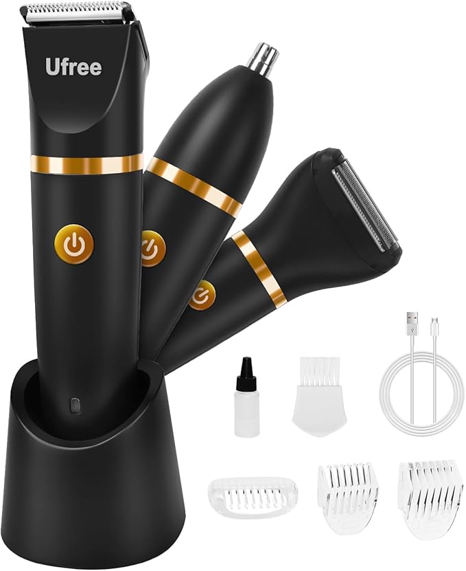 Ufree Body Hair Trimmer for Men, Manscape Ball Pubic Hair Trimmer, 3 in 1 Body Grooming Kit for Groin, Waterproof Body Electric Shaver Razor, Grooming for Face and Body, Gifts for Men, Black
