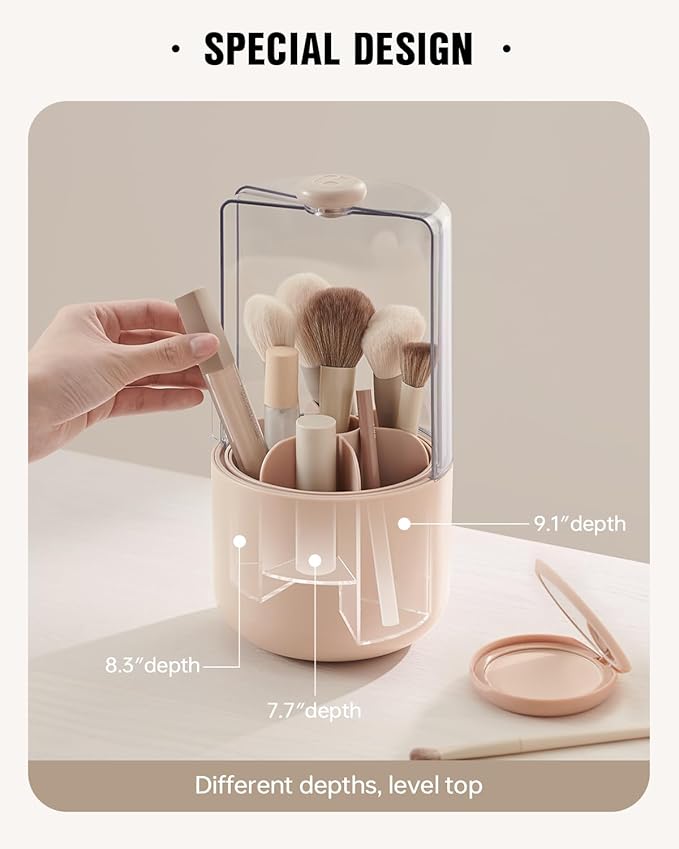 EACHY Makeup Brush Holder 360° Rotating with Dustproof Lid, Waterproof Material, 7 Compartments for Organized Storage, Stylish and Durable Design for Vanity or Bathroom (Pink)