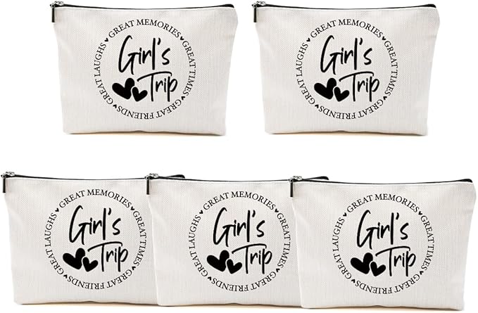 5Pcs Girls Trip Gifts Favors, 2025 Girls Weekend Gifts Makeup Bag, Bestie Gifts Weekend Bag Travel Gifts Vacation Cosmetic Bag, Friendship Gifts for Women Friend, Graduation Wedding Gifts Toiletry Bag