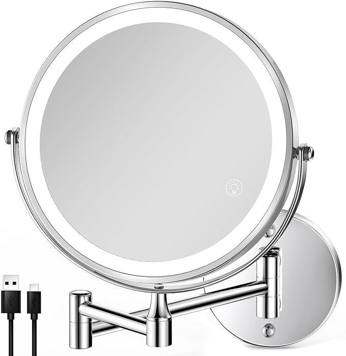 8.5 Inch Rechargeable Wall Mounted Lighted Makeup Mirror, Double-Sided 1X/10X LED Magnifying Vanity Mirror with Lights, 3 Color Lights Touch Screen Dimmable 360°Swivel 18 Inch Extendable - Chrome