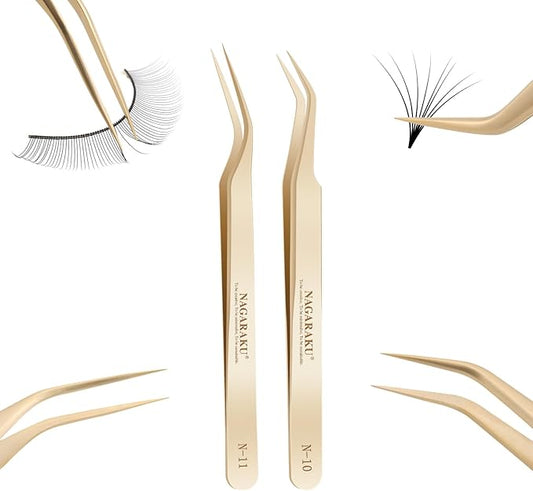 NAGARAKU 1 Pair Eyelash Extension Tweezers Set, Gold Curved Volume Make Fans Isolation Lash Tweezers Precision Pinzas Light Weight Easy Fanning Stainless Steel Precision for Lashes (N-10 & N-11)