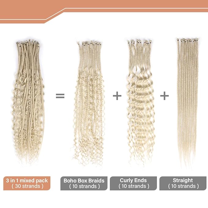 24 Inch 30 Strands SE Dreadlock Extensions Sets，3 In 1 Mixed Synthetic Dreads Extensions, 613 Blonde Straight&Curly&Boho Handmade Dreads Hippie Style Dreadlocks for Woman