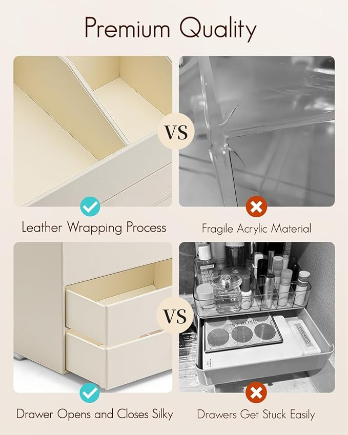 Vlando Makeup Organizer for Vanity,Large Capacity Countertop Organizer with Drawers, PU Leather Cosmetic Display Case for Lipstick,Brushes,Skincare,Bathroom and Bedroom Storage (Beige)