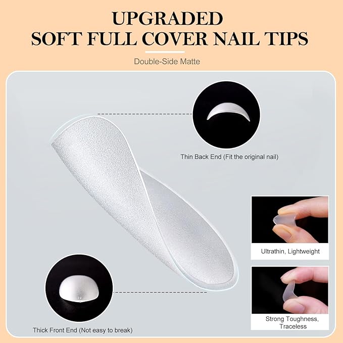 360pcs Short Almond Nail Tips Kit, Clear Acrylic Nail Extension Set in 15 Sizes, Matte Full Cover Press on False Nail Tips with 20ml*2 Glue Gel & UV Nail Lamp, Spring Summer DIY Salon Gift