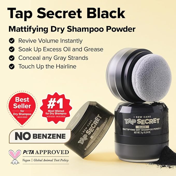 I DEW CARE Biotin Clarifying Dry Shampoo - Tap Secret Black | Strengthening & Volumizing, Powder Type, Refillable, Travel size, Non-aerosol, Brunette, Korean Ginseng, Mother's Day, 0.24 Oz