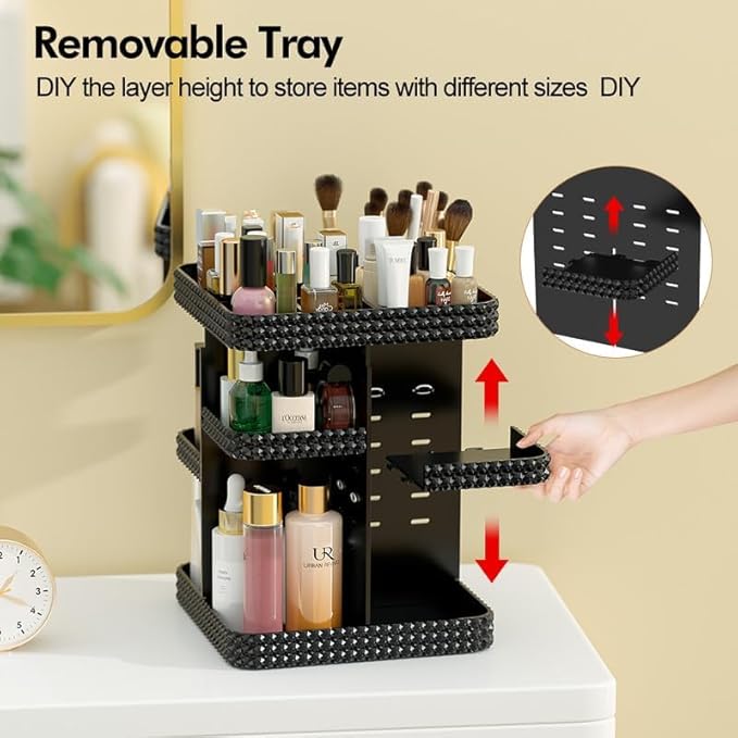 360° Rotating Makeup Organizer, Organizador De Perfumes Large Capacity Cosmetics Storage Vanity Shelf Countertop, Fits Cosmetics, Perfume, Skin Care, Lipsticks (Black)