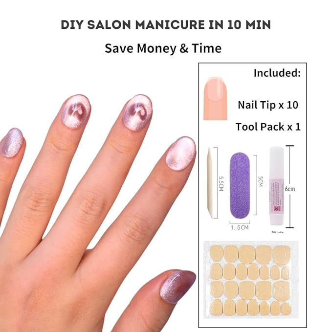 Press on Nails Handmade Nails 3D Press on Nails Short Medium Oval Almond Nails Fake Nails Glitter Cat Eye Nails Gel Nails Durable Reusable False Nails 10 Pcs (Cat Eye Heart Pink, L)
