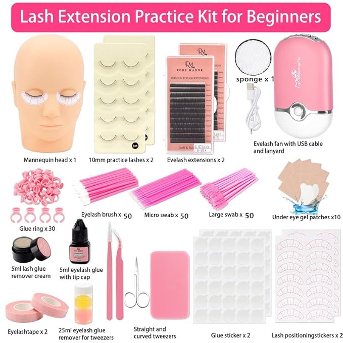 Lash Eyelash Extension Kit, Lash Kit for Eyelash Extension Beginners, with Mannequin Head, Individual Lash Glue, Eyelash Remover, Fan, Lash Extension Supplies Tools for Practice Training