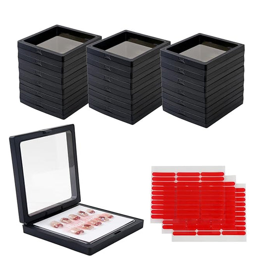 30 Pcs Press on Nail Boxes Packaging with 90 Pcs Adhesive Double Sided Tape with 30 Pcs Display Card for Nail Display Black