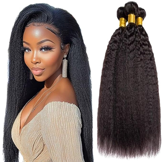 Color 1B Kink Straight Bundles Human hair Natural Color Yaki Straight Bundles Brazilian Human Hair Extensions Soft and Silky for Women 8 10 12 Inch
