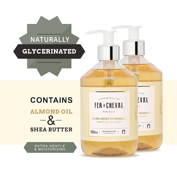 Fer à Cheval White Tea & Yuzu Marseille Liquid Soap | Shea Butter & Sweet Almond Oil, Luxurious Hydration, 97% Natural Ingredients - Set of 2, 16.9 f oz