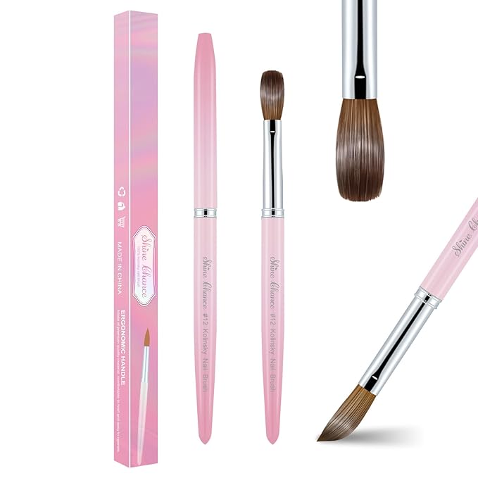 Acrylic Nail Brush Size 12, 100% Pure Kolinsky Nail Brush for Acrylic Application, Professional Nail Extension Manicure Tool Nail Drawing Pen for DIY Home Salon(Pink)