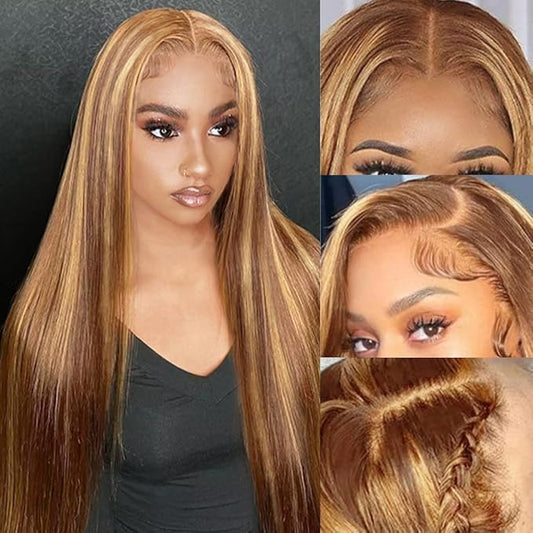 Azkiu 30Inch Highlight Ombre Lace Front Wig Human Hair Pre Plucked 13x4 HD Transparent 4/27 Honey Blonde lace frontal Wigs with Baby Hair 180% Density Colored Straight Lace Front wig Human Hair