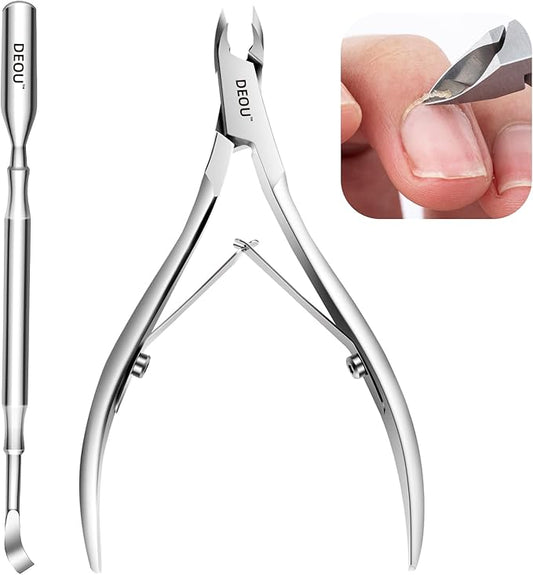 DEOU professional cuticle scissors, salon manicure tools, stainless steel eyelash trimmer, Manicurist nail care blade, extremely sharp, for women's manicure (Cuticle scissors+Steel push)