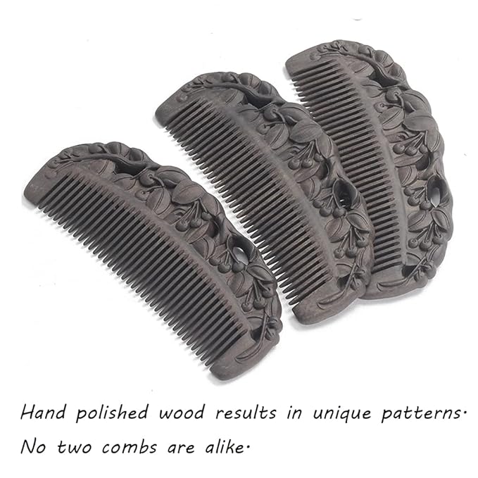 Black Sandalwood Natural Hair Comb, Ebony Carved Fine Tooth Wooden Comb- Anti-Static No Snag Handmade Hair Wood Comb for Women Men - with gift box