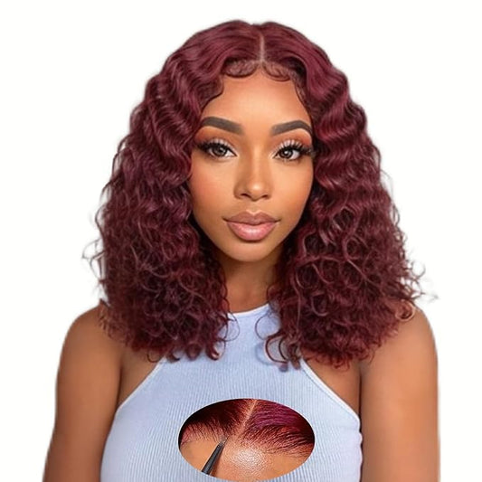 5×5 Closure Bob Wig Human Hair Glueless Wigs Human Hair Pre Plucked Pre Cut Short Curly Human Hair Wig Water Wave Middle Part 99j Red Wigs for Women Lace Frontal Wigs for Black Women 14Inch