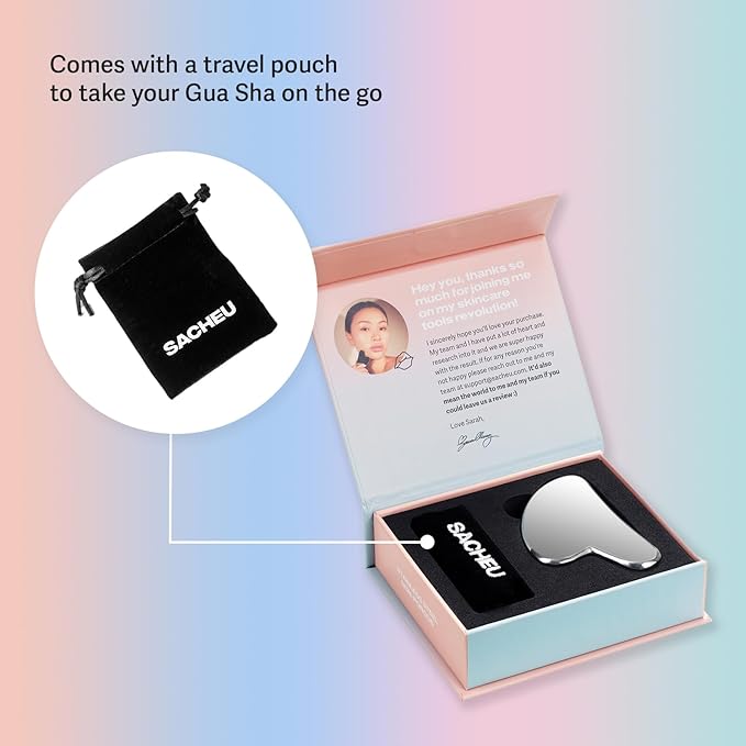 Sacheu Gua Sha Facial Tools Stainless Steel Muscle Scraper — Face Gua Sha for Enhanced Lymphatic Drainage, Reduced Puffiness and Relieved Facial Tension, Metal Face Sculpting Tool with Travel Pouch