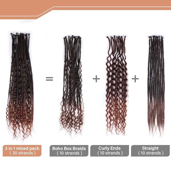 24 Inch 30 Strands SE Dreadlock Extensions Sets，3 In 1 Mixed Synthetic Dreads Extensions, Ombre Aubburn Straight&Curly&Boho Handmade Dreads Hippie Style Dreadlocks for Woman