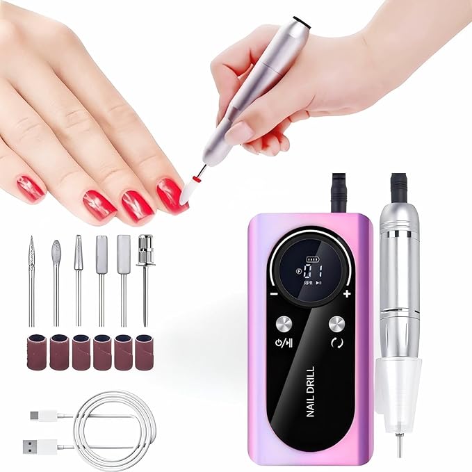 Professional Electric Nail Drill File,Cordless Portable Nail Drill 45000 RPM,Rechargeable Nail File Machine for Acrylic Nail Gel Polish,Nail Salon Home Nail Art Set, Purple