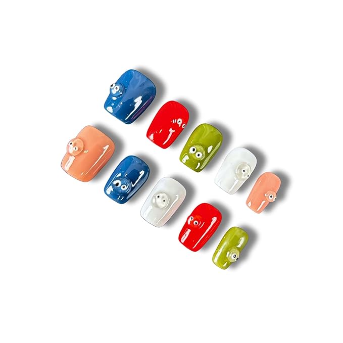 Wsliana Nails Handmade Press On Nails Square Shape,Short False Nail with Multicolor Design and Small Eye Decorations, 10pcs Glue On Acrylic Fake Nails with Storage Box | Cute and Stylish (024 L)