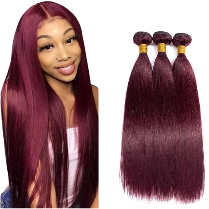 Wine Red Human Hair Burgundy Straight Bundles 99j Straight Bundles Brazilian Human Hair Weave Extensions Soft and Silky for Black Women 12 14 16 Inch