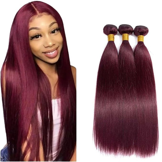 Wine Red Human Hair Burgundy Straight Bundles 99j Straight Bundles Brazilian Human Hair Weave Extensions Soft and Silky for Black Women 12 14 16 Inch