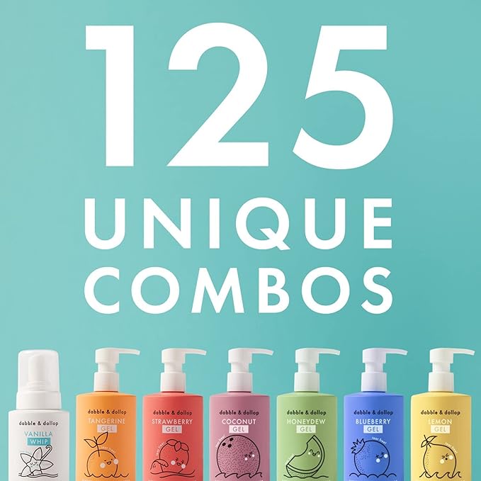 Dabble & Dollop Rainbow of Bubbles, Natural Bath, Body Wash, Shampoo & Conditioner for Kids, USA-Made, Paraben & Sulfate Free, Vegan, Gluten-Free, Tear-Free, (Set of 7)