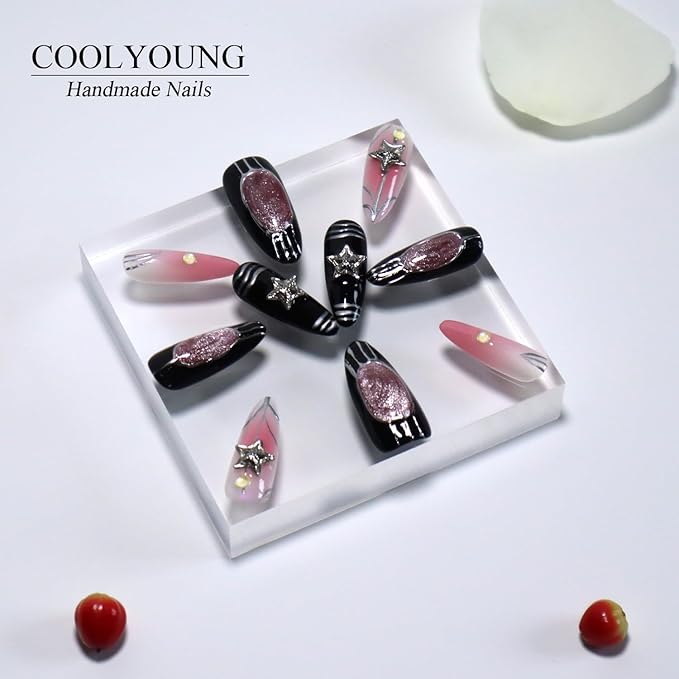 Handmade Nails Press On, Press On Nails Pink, Medium Stiletto Nails, Chrome Press On Nails, Thick Press On Nails, Press On Acrylic Nails, Reusable Nails, Woman Gifts, COOLYOUNG Nails, 10 PCS, Size S