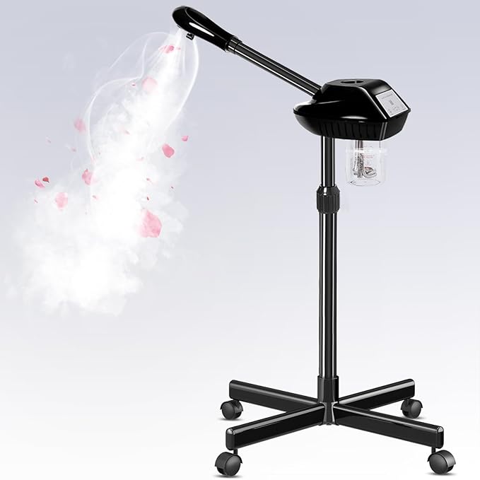 Professional Facial Steamer, Face Steamer on Wheels, Esthetician Beauty Face Equipment with More Steam for Clean Skin and Moisturizes, Adjustable Height and Angle for Beauty, Spa and Home Use（Black）
