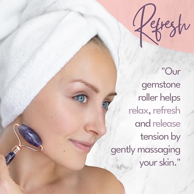 CELESTIAL SILK Amethyst Face Roller - Premium Anti Aging Beauty Facial Massager Genuine Natural Amethyst Stone Gemstone Roller- Skin Care for Face Eyes Neck