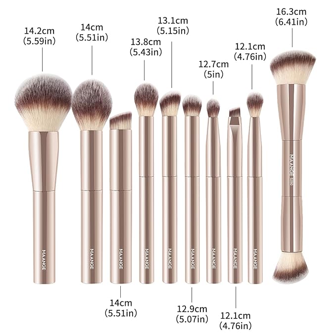 MAANGE 10 Pcs Makeup Brush Set Double-ended Kabuki Brush Travel Makeup Brushes for Foundation Powder Concealers Eye Shadows Makeup Tools Set with LED light Mirror (Gold)