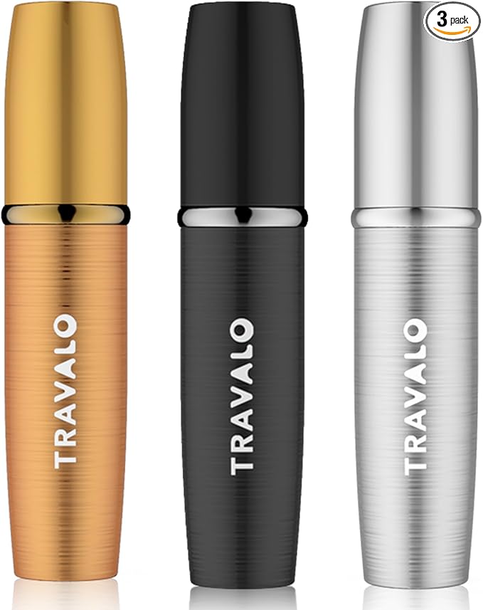 Travalo LUX Perfume Atomizer Bundle - Leak-Proof and TSA Approved for Air Travel - Reusable, Easy Fill Mini Pump Sprayer - Lightweight, Brushed Polished Metal - Gold, Black, Silver - 3 Pack