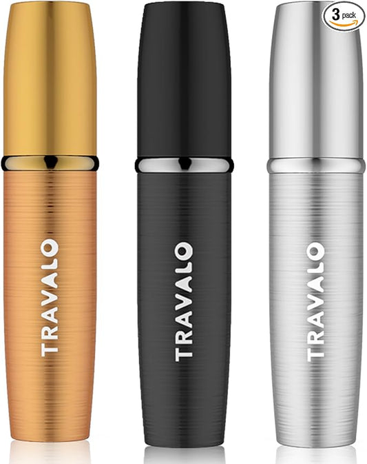 Travalo LUX Perfume Atomizer Bundle - Leak-Proof and TSA Approved for Air Travel - Reusable, Easy Fill Mini Pump Sprayer - Lightweight, Brushed Polished Metal - Gold, Black, Silver - 3 Pack